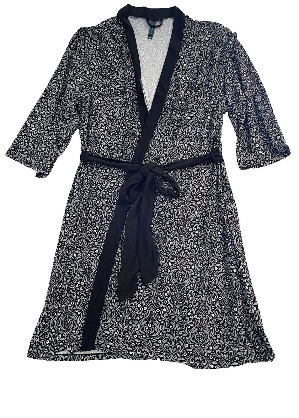 Laura Ashley Robe Women Size Medium Black Wrap Belted House Coat 3/4 Sleeve